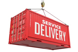 Service Delivery - Red Cargo Container hoisted by hook, Isolated on White Background.